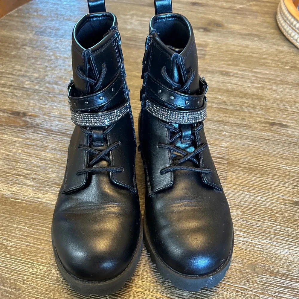 Mix No. 6 Combat Boots Kids 3 Black Excellent Rhinestone Glitter Lug‎ Sole Zip